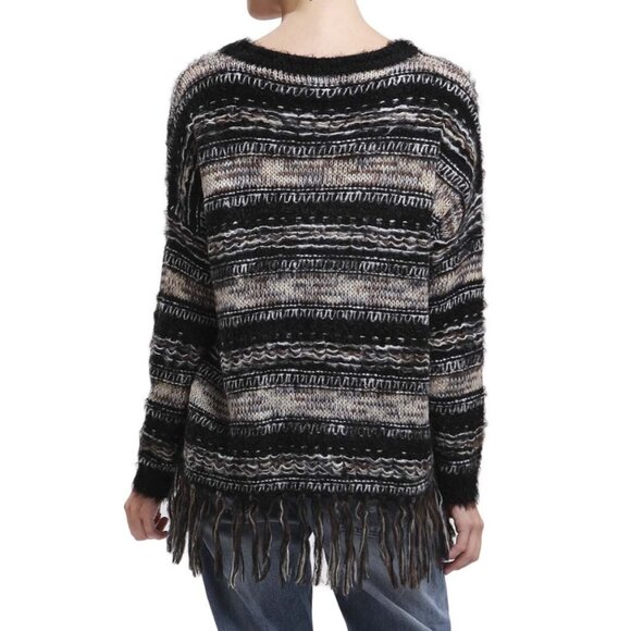 NWT Blu Pepper Soft Black Striped Bohemian Furry Fringed Hem Sweater Medium - Picture 2 of 2